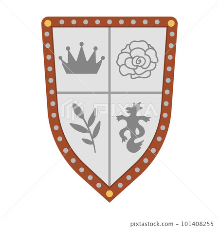 Vector shield icon. Fairy tale knight armor with royal power symbols. Fairytale soldier sword. Cartoon medieval weapon illustration. Vector shield icon. Fairy tale knight armor with royal power symbols. Fairytale soldier sword. Cartoon medieval weapon illustration. 101408255