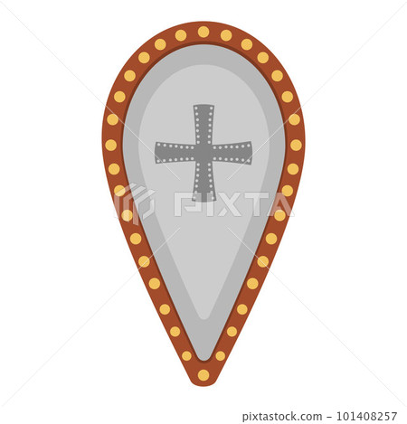 Vector shield icon. Fairy tale knight armor with royal power symbols. Fairytale soldier sword. Cartoon medieval weapon illustration. Vector shield icon. Fairy tale knight armor with royal power symbols. Fairytale soldier sword. Cartoon medieval weapon illustration. 101408257