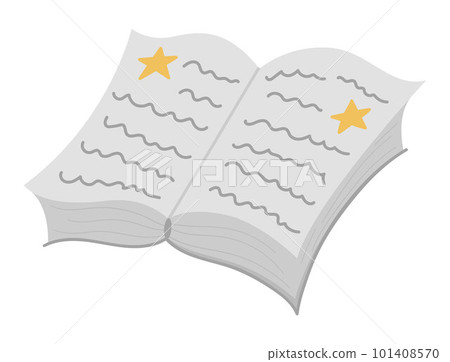 Vector opened book with stars, front view. Back to school or fairytale educational clipart. Cute flat style copybook or spellbook. Blank sheets of paper 101408570