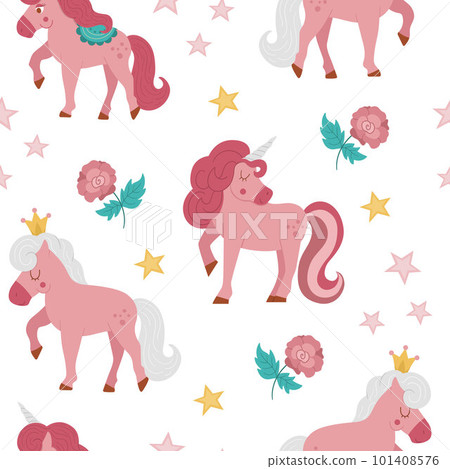 Vector seamless pattern with pink unicorn, rose, stars, crowns. Fairy tale princess repeat background. Girlish cartoon magic texture with fantasy horses and flowers 101408576