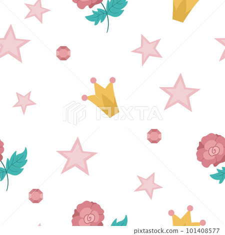 Vector seamless pattern with pink rose, stars, crowns, gems. Simple fairy tale princess repeat background. Girlish cartoon magic texture with fantasy objects 101408577