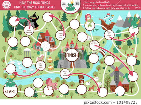 Fairytale dice board game for children with medieval village map. Magic kingdom boardgame.  Fairy tale activity or printable worksheet for kids. Help the frog prince find the way to the castle 101408725