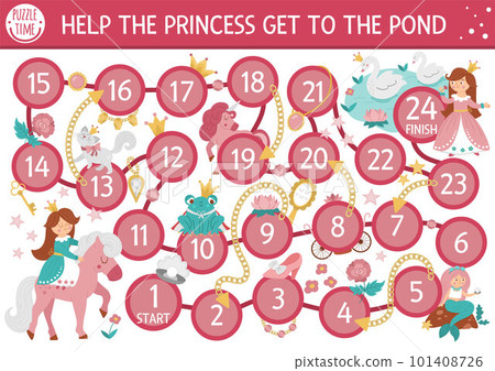 Fairytale dice board game for children with princess, gems, golden chains, unicorn, swans. Magic kingdom boardgame.  Cinderella or sleeping beauty girlish activity or printable worksheet 101408726