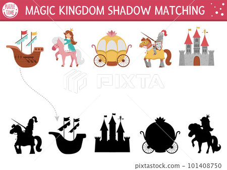Fairytale shadow matching activity with castle, princess, knight. Magic kingdom puzzle with traditional symbols and characters. Find correct silhouette printable worksheet. Fairy tale page for kids Fairytale shadow matching activity with castle, princess, knight. Magic kingdom puzzle with traditional symbols and characters. Find correct silhouette printable worksheet. Fairy tale page for kids 101408750