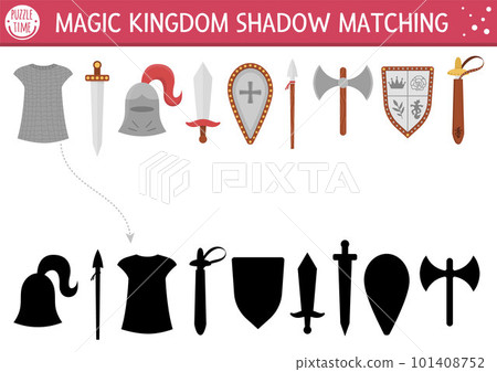 Fairytale shadow matching activity with sward, shield, helmet. Magic kingdom puzzle with traditional knight armor. Find correct silhouette printable worksheet or game. Fairy tale page for kids Fairytale shadow matching activity with sward, shield, helmet. Magic kingdom puzzle with traditional knight armor. Find correct silhouette printable worksheet or game. Fairy tale page for kids 101408752