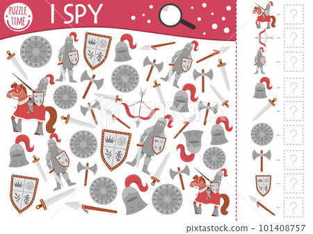 Fairytale fantasy I spy game for kids with knight armor. Searching and counting activity with helmet, horse, sward. Magic kingdom printable worksheet. Simple fairy tale spotting puzzle Fairytale fantasy I spy game for kids with knight armor. Searching and counting activity with helmet, horse, sward. Magic kingdom printable worksheet. Simple fairy tale spotting puzzle 101408757