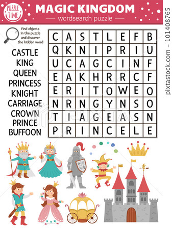 Vector fairytale wordsearch puzzle for kids. Simple magic kingdom crossword with fantasy creatures for children. Activity with knight, castle, princess, king, prince, crown. Fairy tale cross word Vector fairytale wordsearch puzzle for kids. Simple magic kingdom crossword with fantasy creatures for children. Activity with knight, castle, princess, king, prince, crown. Fairy tale cross word 101408765