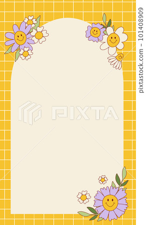 Vintage groovy pastel retro vertical background with flowers. Cute colorful trendy vector illustration in style 70s, 80s. 101408909