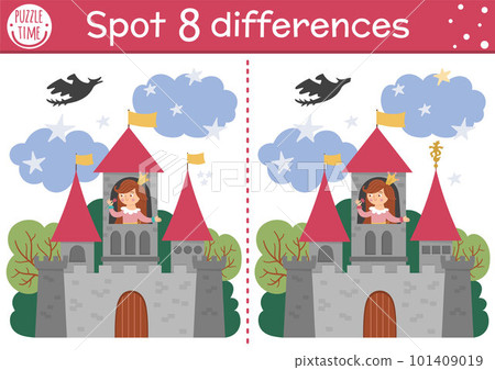 Find differences game for children. Fairytale educational activity with cute princess in the castle. Magic kingdom puzzle for kids with fantasy character. Fairy tale printable worksheet or page Find differences game for children. Fairytale educational activity with cute princess in the castle. Magic kingdom puzzle for kids with fantasy character. Fairy tale printable worksheet or page 101409019