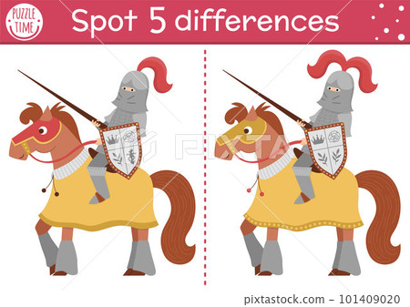 Find differences game for children. Fairytale educational activity with cute knight on a horse. Magic kingdom puzzle for kids with fantasy character. Fairy tale printable worksheet or page Find differences game for children. Fairytale educational activity with cute knight on a horse. Magic kingdom puzzle for kids with fantasy character. Fairy tale printable worksheet or page 101409020