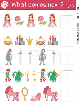 What comes next. Fairytale matching activity for preschool children with traditional fantasy symbols and characters. Funny magic kingdom puzzle. Fall logical worksheet. Continue the row game. What comes next. Fairytale matching activity for preschool children with traditional fantasy symbols and characters. Funny magic kingdom puzzle. Fall logical worksheet. Continue the row game. 101409033