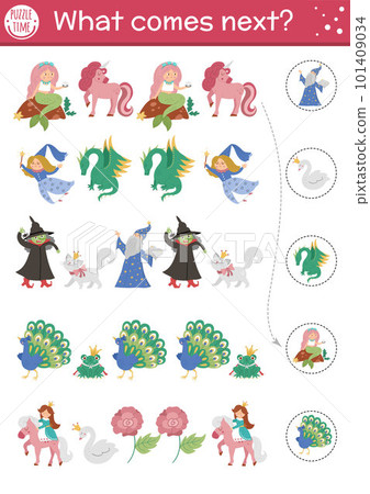 What comes next. Fairytale matching activity for preschool children with traditional fantasy creatures. Funny magic kingdom puzzle. Fall logical worksheet. Continue the row game with dragon, mermaid What comes next. Fairytale matching activity for preschool children with traditional fantasy creatures. Funny magic kingdom puzzle. Fall logical worksheet. Continue the row game with dragon, mermaid 101409034