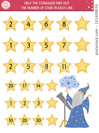Help the stargazer find out the number of stars. Continue the row game with numerals and cute fairytale character. Magic kingdom logical math activity for preschool kids 101409039