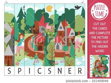 Vector fairytale scrambled picture. Cut and glue activity with hidden word. Magic kingdom crafting game with cute scene with princess. Fun printable worksheet for kids Vector fairytale scrambled picture. Cut and glue activity with hidden word. Magic kingdom crafting game with cute scene with princess. Fun printable worksheet for kids 101409046