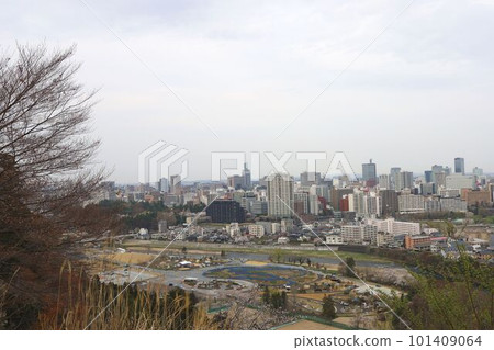 從仙台城看到的仙台市景和櫻花 101409064