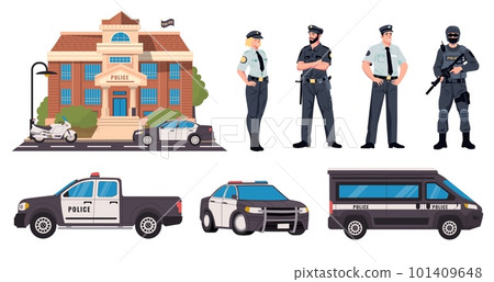 Police department collection. Policemen and swat characters in uniform and protective vest, sheriff station with police car and safety vehicles. Vector set 101409648