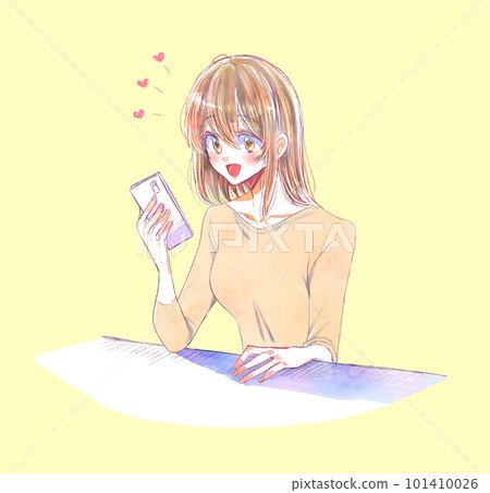 A woman holding a smartphone is crazy about love 101410026