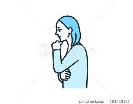 一個痛苦的輪廓。一個女人把手放在下巴上受苦的插圖素材。 一個痛苦的輪廓。一個女人把手放在下巴上受苦的插圖素材。 101410101