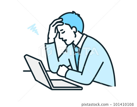 A man holding his head in front of a computer. Illustration material of a worried business person. 101410108