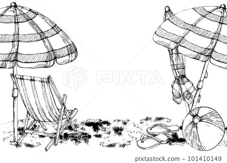 Hand drawn vector ink composition. Striped beach accessories, umbrellas and chairs on sand. Isolated on white background. Design wall art, wedding, print, fabric, cover, card, tourism, travel booklet. Hand drawn vector ink composition. Striped beach accessories, umbrellas and chairs on sand. Isolated on white background. Design wall art, wedding, print, fabric, cover, card, tourism, travel booklet. 101410149