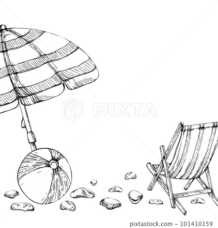 Hand drawn vector ink composition. Seascape with beach chair and umbrella, ball sea glass. Isolated on white background. Design wall art, wedding, print, fabric, cover, card, tourism, travel booklet. 101410159
