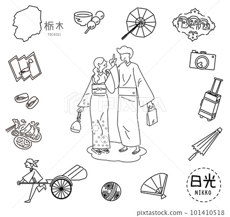 A set of kimono couples with icons of Nikko's specialty sightseeing in Tochigi Prefecture, Japan (line drawing black and white) A set of kimono couples with icons of Nikko's specialty sightseeing in Tochigi Prefecture, Japan (line drawing black and white) 101410518