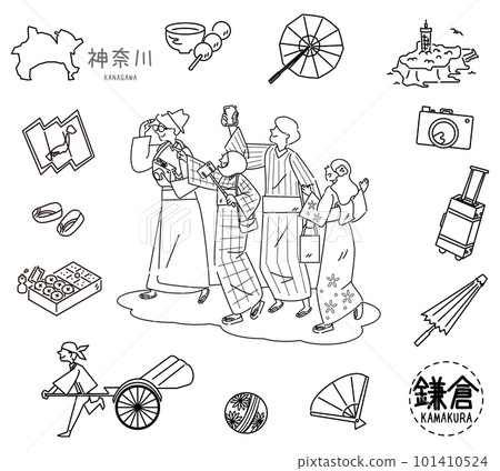 A set of icons of Kamakura's famous sightseeing in Kanagawa, Japan and tourists from foreign countries (line drawing black and white) A set of icons of Kamakura's famous sightseeing in Kanagawa, Japan and tourists from foreign countries (line drawing black and white) 101410524