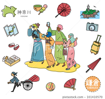 A set of icons of Kamakura's famous sightseeing in Kanagawa, Japan and foreign tourists (line drawing) 101410570