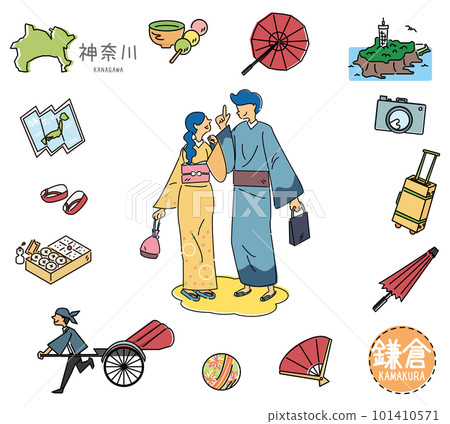 日本神奈川縣鎌倉著名觀光地圖標一組和服情侶(線描) 日本神奈川縣鎌倉著名觀光地圖標一組和服情侶(線描) 101410571