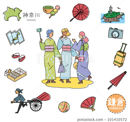 神奈川鎌倉圖標集，日本著名觀光地和和服女性朋友（畫線） 101410572