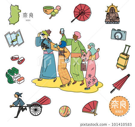 Set of icons of Nara's famous sightseeing in Japan and foreign tourists wearing kimono (line drawing) 101410583