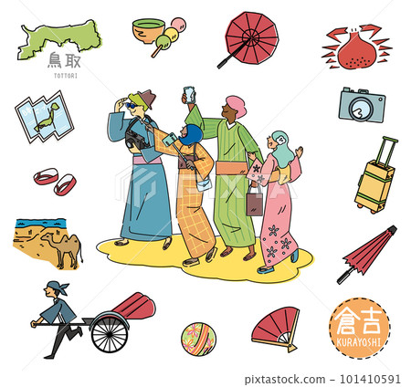一組身穿和服的外國遊客和日本著名觀光地鳥取市倉吉的圖標（畫線） 101410591