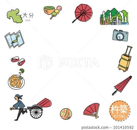一組Kitsuki在日本大分著名觀光的圖標（線描） 101410592