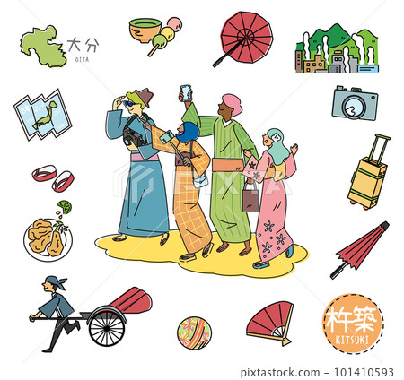 Kitsuki's famous sightseeing icon in Oita, Japan and a set of foreign tourists wearing kimono (line drawing) 101410593