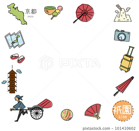 A set of icons of famous sightseeing in Gion, Kyoto, Japan (line drawing) 101410602