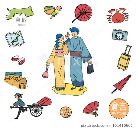 Set of Kurayoshi, Tottori, Japan's famous sightseeing icon and kimono couple (line drawing) Set of Kurayoshi, Tottori, Japan's famous sightseeing icon and kimono couple (line drawing) 101410605