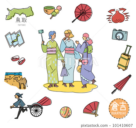 A set of Kurayoshi's famous sightseeing icon in Tottori, Japan and a female friend in a kimono (line drawing) A set of Kurayoshi's famous sightseeing icon in Tottori, Japan and a female friend in a kimono (line drawing) 101410607