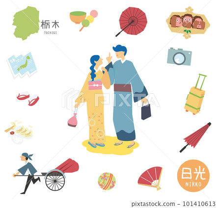 A set of kimono couples with icons of Nikko's specialty sightseeing in Tochigi Prefecture, Japan (flat) 101410613
