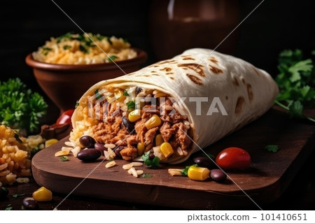 mexican fast food burrito, filled with rice, beans, and spicy beef or chicken, created with generative ai mexican fast food burrito, filled with rice, beans, and spicy beef or chicken, created with generative ai 101410651