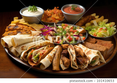 platter of mixed international fast food including kebab, sushi, and tacos, created with generative ai 101410653