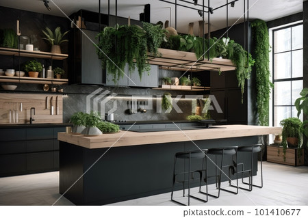 a sleek and modern kitchen with a variety of greenery, including bonsai trees and hanging plants, created with generative ai a sleek and modern kitchen with a variety of greenery, including bonsai trees and hanging plants, created with generative ai 101410677