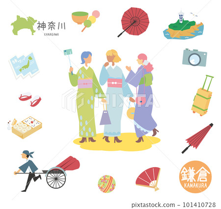 日本著名觀光地神奈川縣鎌倉和和服女性朋友一套（平） 101410728