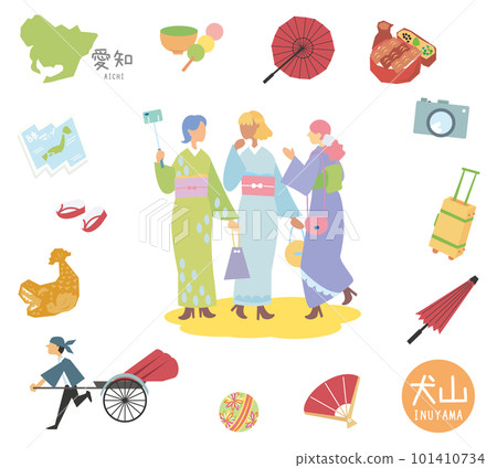 A set of icons of famous sightseeing in Inuyama, Aichi, Japan and female friends in kimono (flat) A set of icons of famous sightseeing in Inuyama, Aichi, Japan and female friends in kimono (flat) 101410734