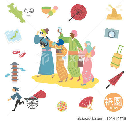 A set of foreign tourists wearing kimono and icons of Gion in Kyoto, Japan (flat) A set of foreign tourists wearing kimono and icons of Gion in Kyoto, Japan (flat) 101410736