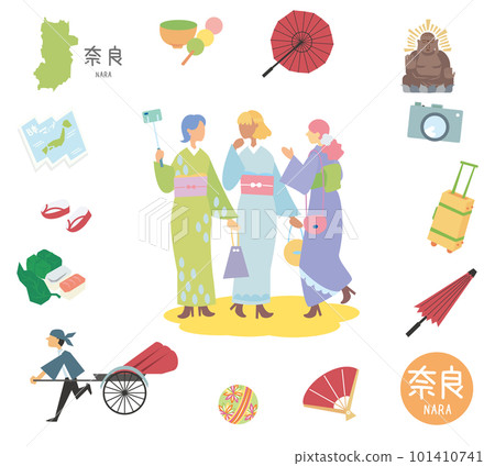 A set of Japanese Nara specialty sightseeing icons and kimono female friends (flat) 101410741
