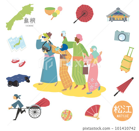 A set of foreign tourists wearing kimono and icons of Matsue in Shimane, Japan (flat) 101410742