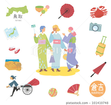 日本著名觀光地鳥取倉吉與女性朋友和服一套（平） 101410748