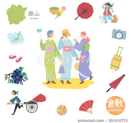 A set of icons of famous sightseeing in Kurashiki, Okayama, Japan and female friends in kimono (flat) 101410755