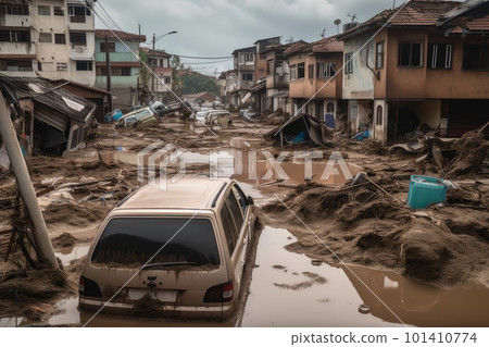 a scene of devastation, with flooded buildings and roads after a natural disaster caused by climate change, created with generative ai 101410774