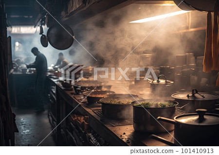 restaurant kitchen, with sizzling hotpots and steamy pots, preparing for the busiest night of the week, created with generative ai 101410913